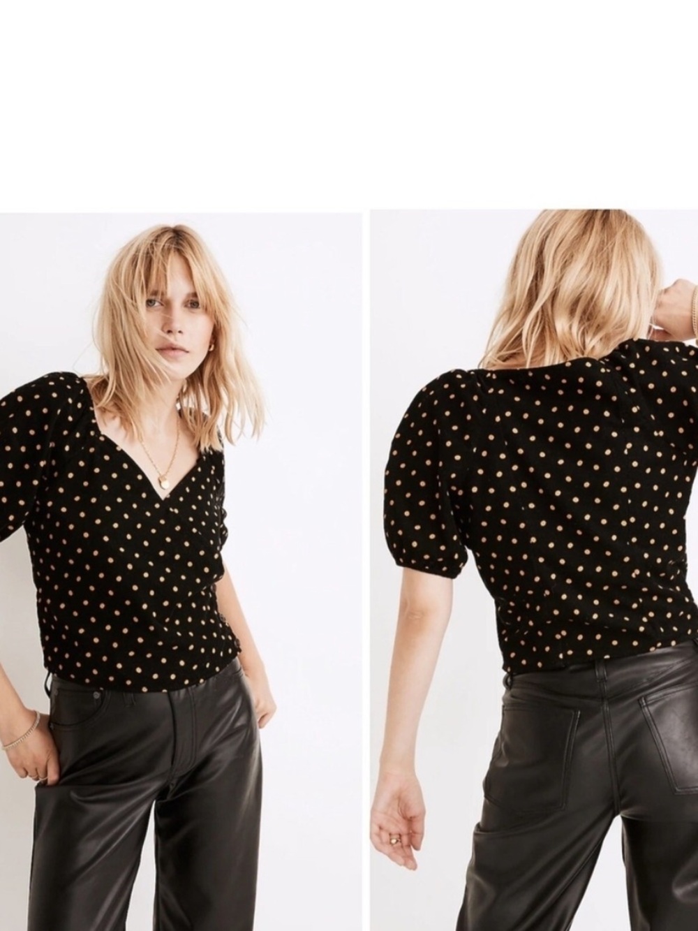 Madewell NWT XXL retro Corduroy Puff Sleeve Wrap Top Black Gold Polka Dot $72